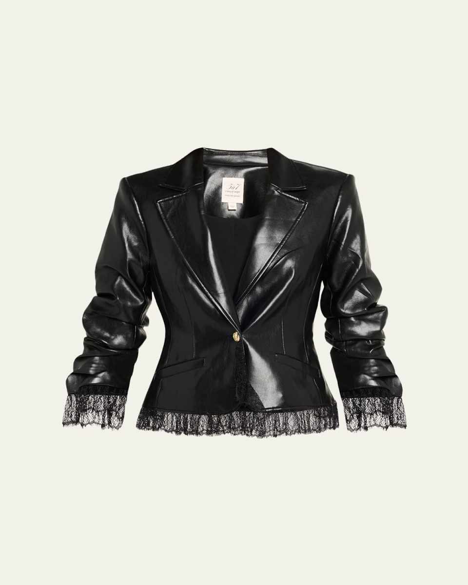Lace-Trim Vegan Leather Blazer